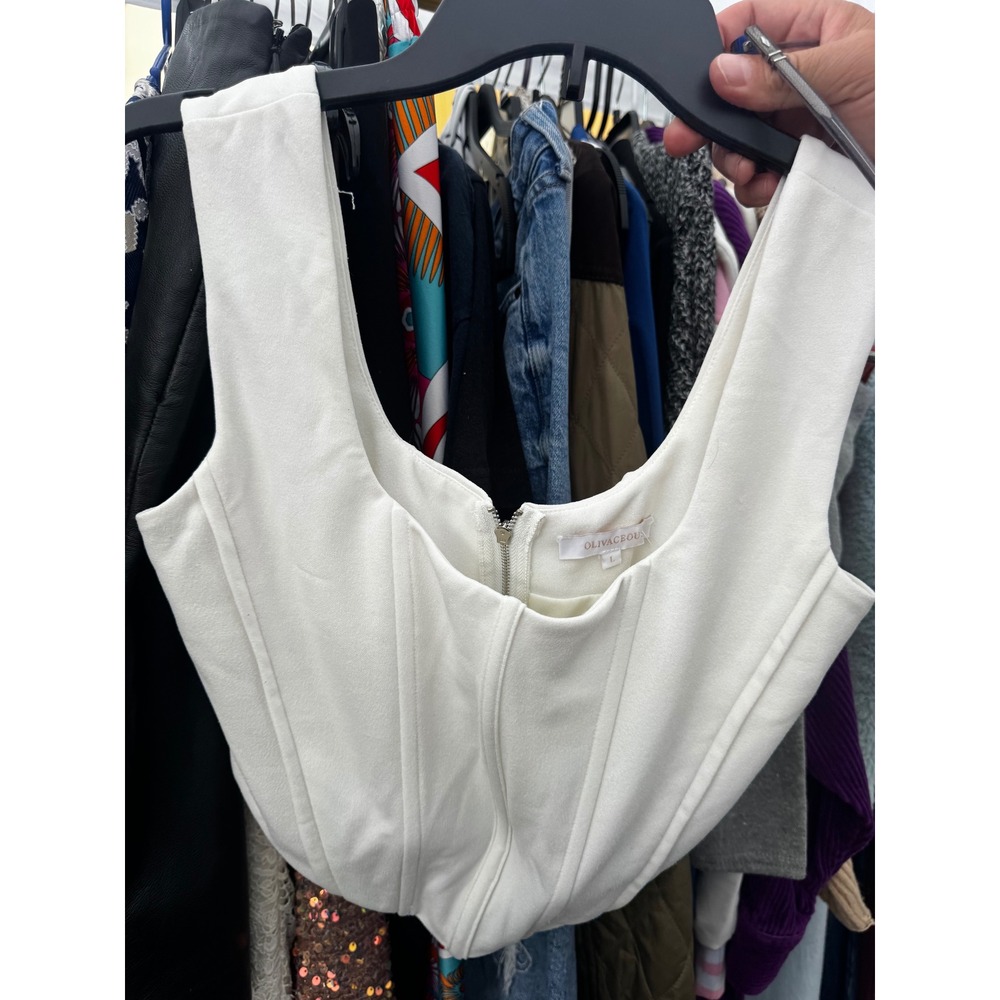 Olivaceous White Corset Crop Top Front Zip Sleeveless Scoop Neck S#2300-161LTZ